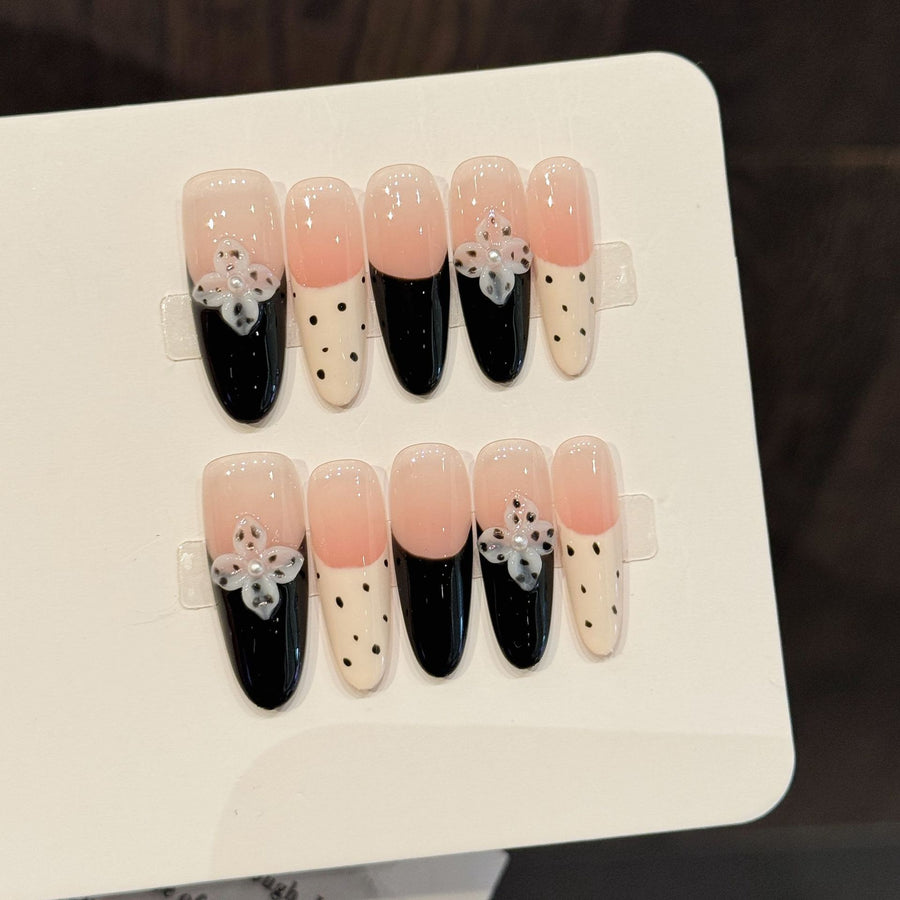 365nails: "Midnight Bloom" – 3D Floral French Tip Handmade Medium Almond Nails