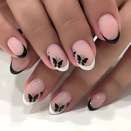 Short round nail manicure piece Simple French white edge  Black butterfly ins false nail ｜365nails