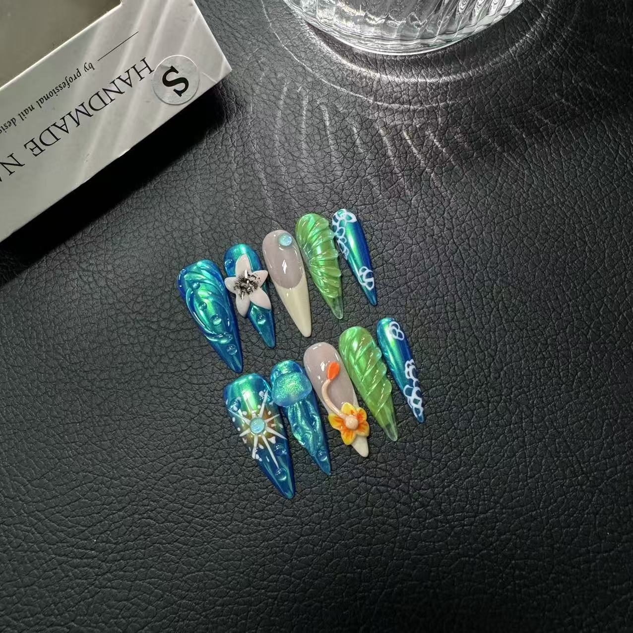 365nails: "Oceanic Dream" – 3D Floral Handmade Long Stiletto Nails