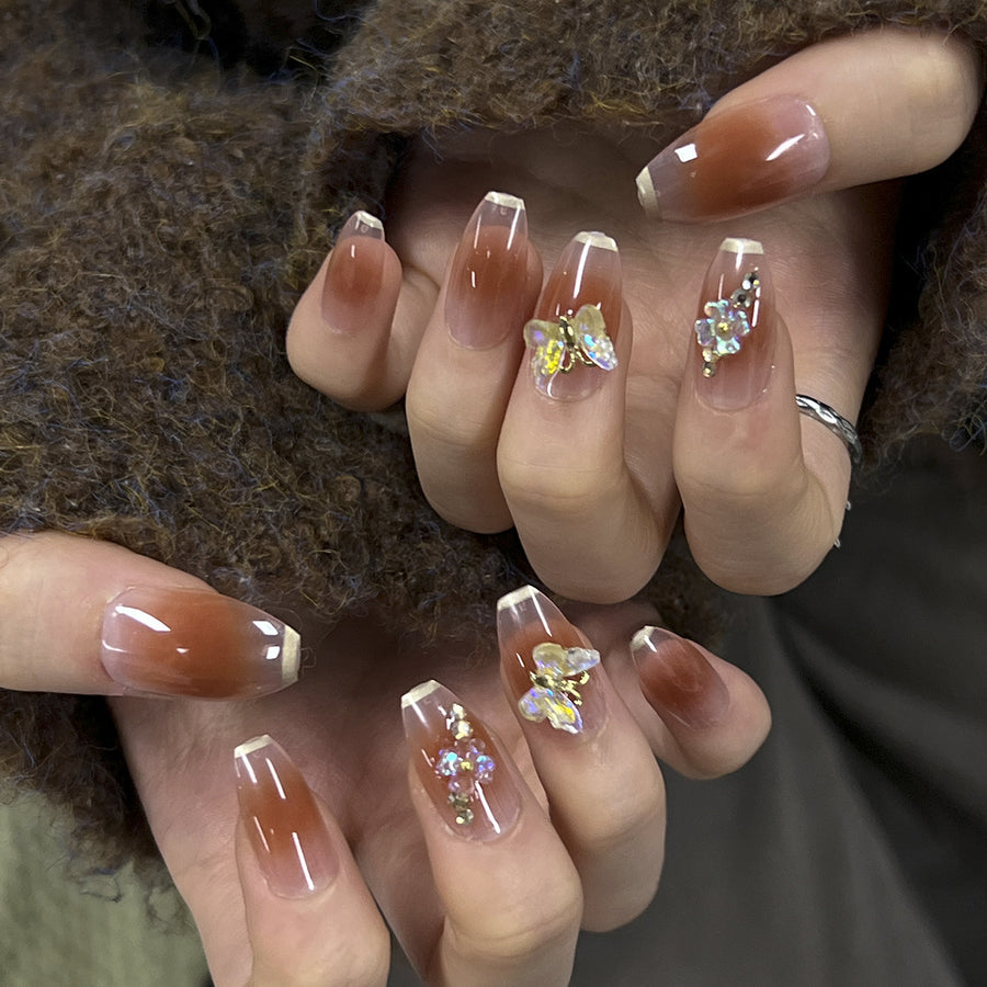 French white edge nail piece wholesale Maillard brown smudged transparent press on nails butterfly flower aurora fake nail｜365nails