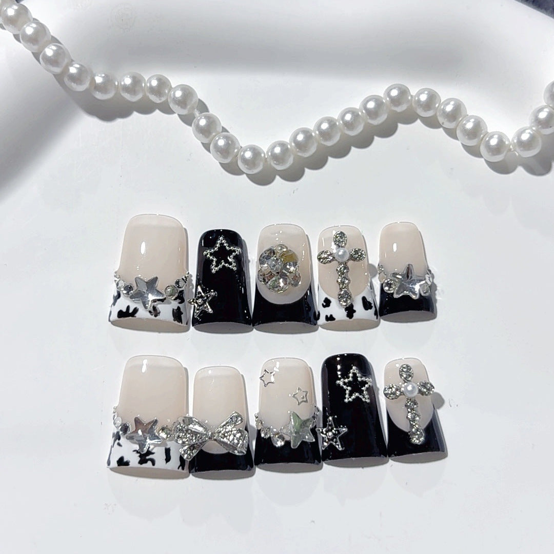 Gothic Starlight: "Noir Cross" – Long Square Press-On Nails