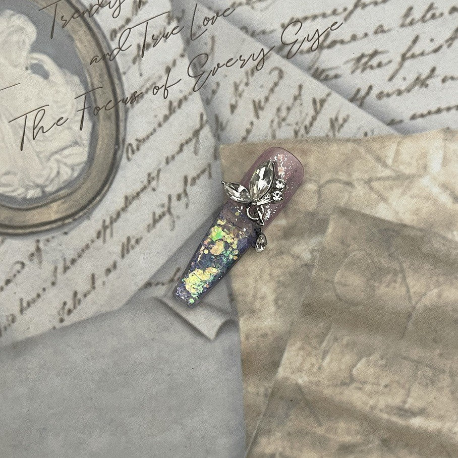 Aurora Crushed Ice Amethyst Butterfly Diamond Long Coffin Shape press on nail