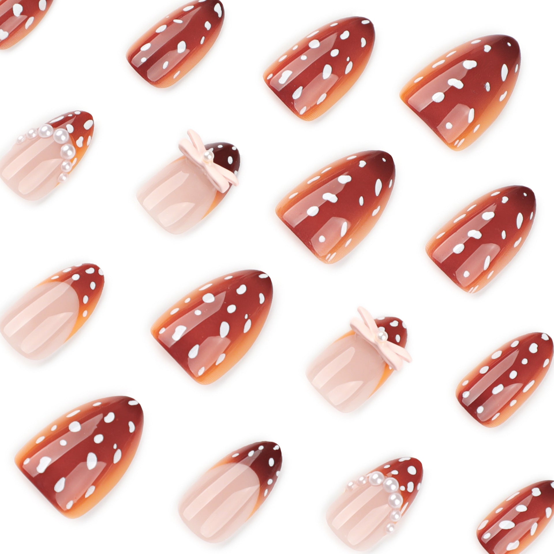 Autumn Brown Short Almond Nail White Dots press-on nails