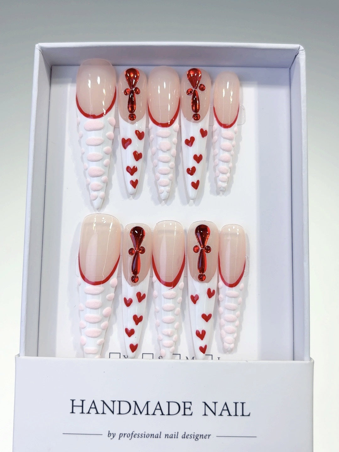 365nails: "Crimson Heart Ribbon" – Long Stiletto French Tip Handmade Press-On Nails
