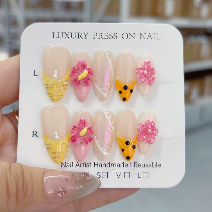Summer Garden: "Bumblebee Bloom" – Medium Almond Handmade Press On Nails