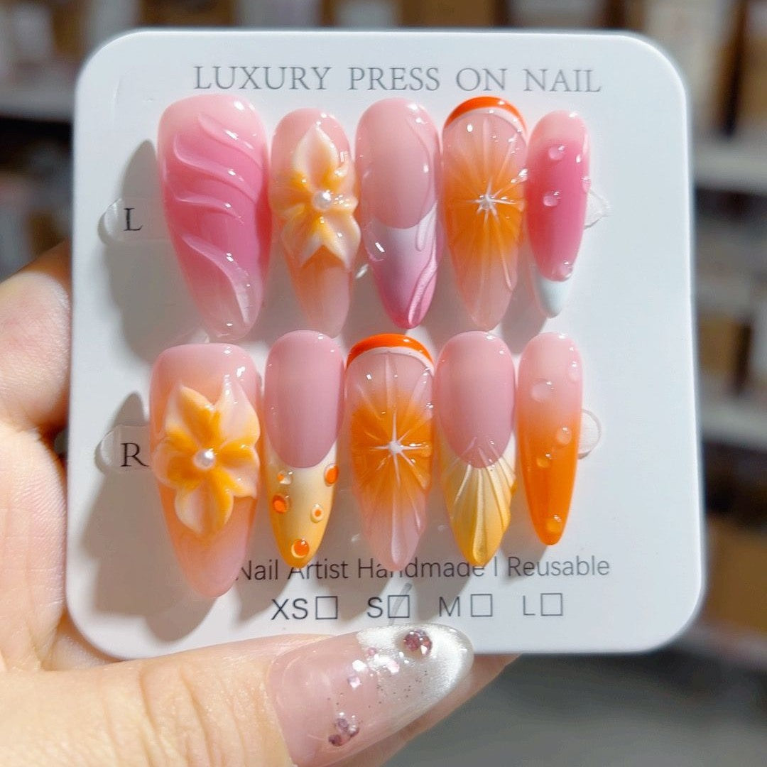 365nails-桃柑：「果香花卉」 – 杏仁形 手工製 3D 雕刻 穿戴甲