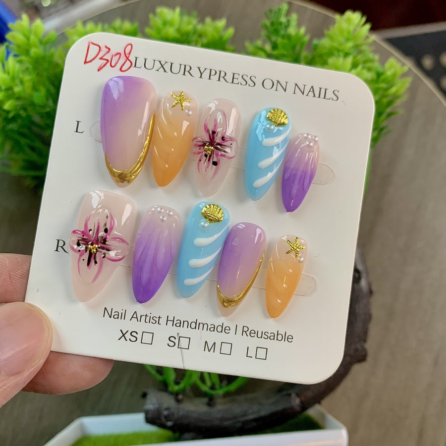 365nails-Sunset Bloom: "Gradient Floral" – Medium Almond Handmade Nails