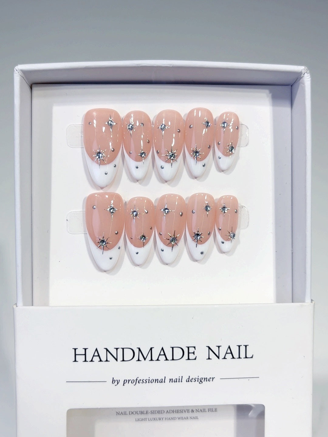 Starry French: "Silver Star" – Almond Press-On Nails