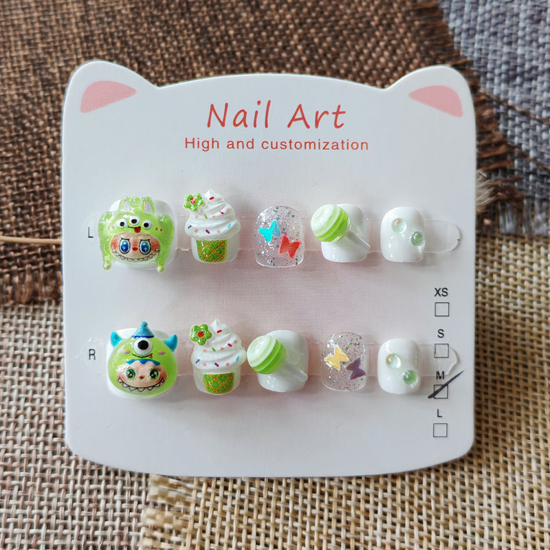 365nails-Cute Monster Kids Series: "Green Goblin Party" – Short Square Kids Nail Art