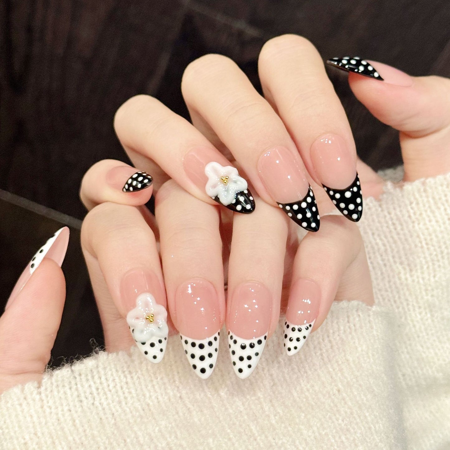 Soft Pink Polka Dot Floral Press On Nails