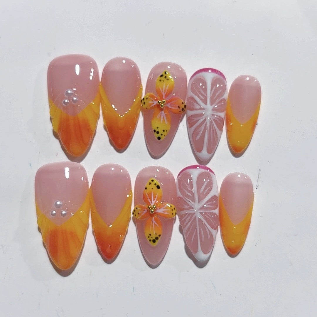 Tropical Citrus: "Sunset Citrus Bloom" – Medium Almond Nude & Orange Gradient Handmade Press-On