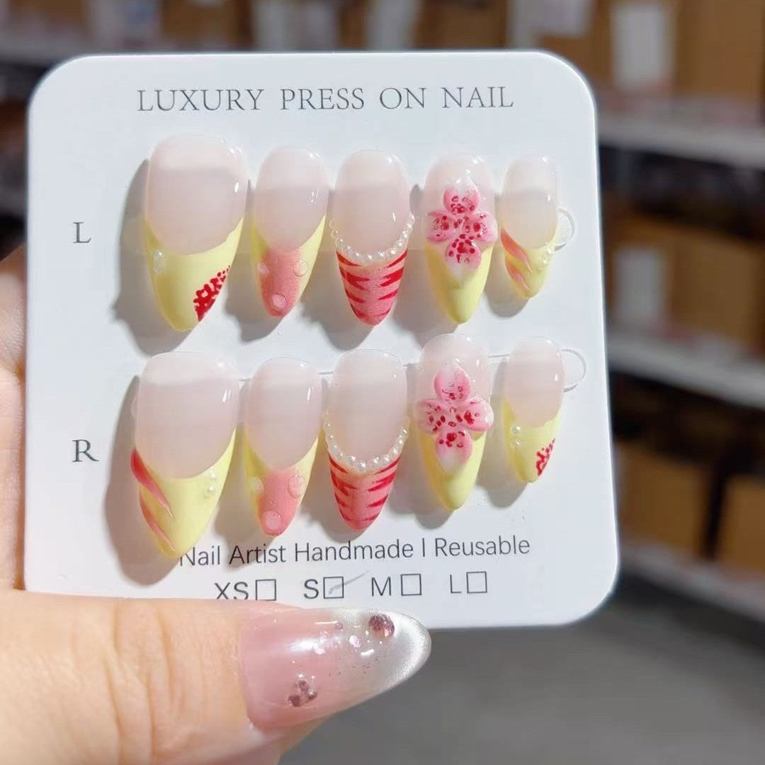 365nails-檸檬櫻桃：「果香花卉」 – 杏仁形 手工製 穿戴甲