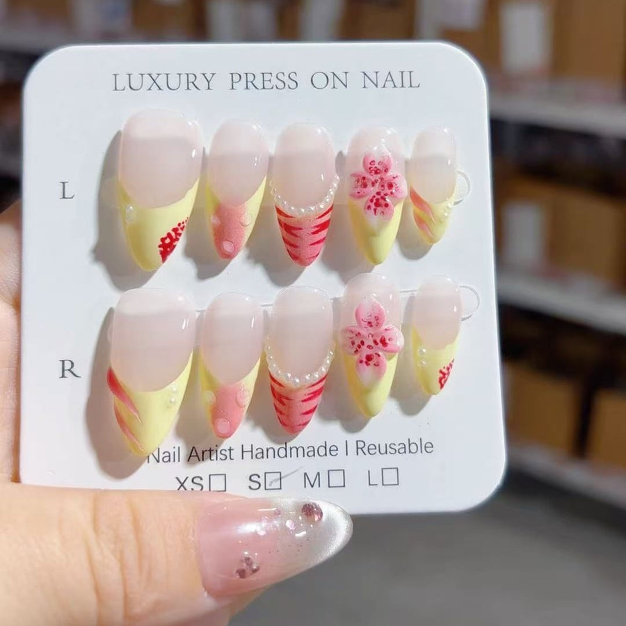 365nails-Lemon Cherry: "Fruit Floral" – Almond Shape Handmade Pressed-On Nails