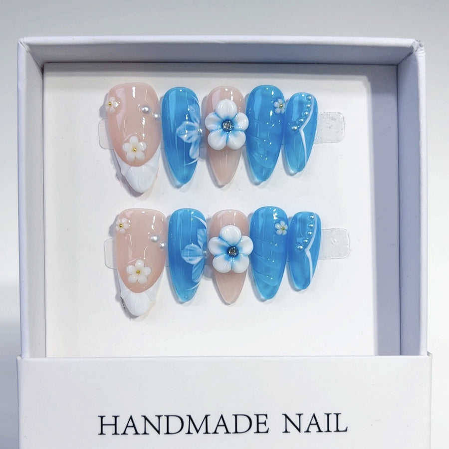 Ocean Bloom: "Azure Blossom" – Long Almond Press-On Nails