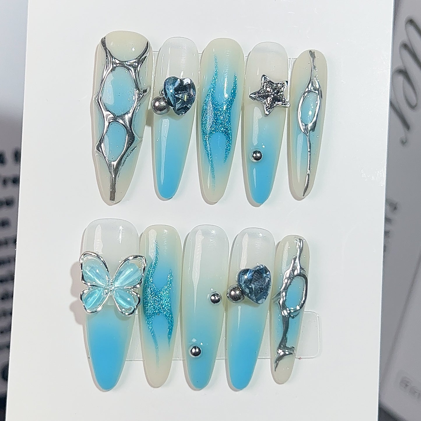 Handmade Press-on Nails Ice Transparent Blue Star Moon Butterfly Fairy Wind Gentle Sweet White Long Nail Art｜365nails