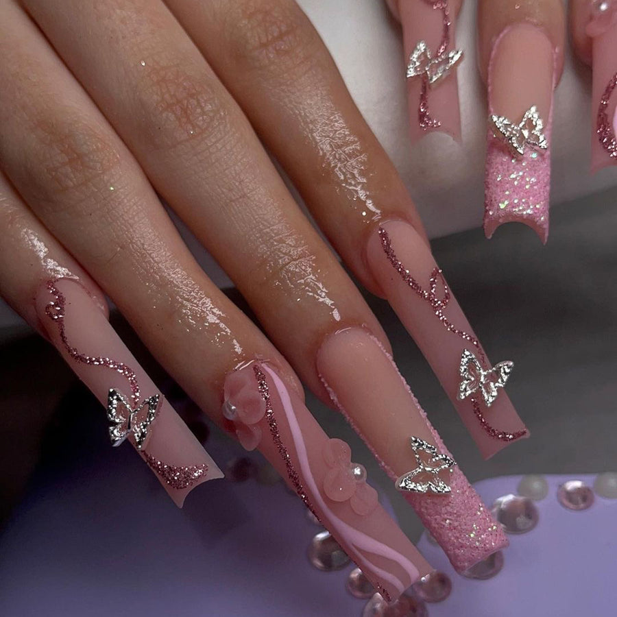 365nails: "Pink Butterfly French Coffin" – 3D Butterfly & Pearl Accent Press-on Nails