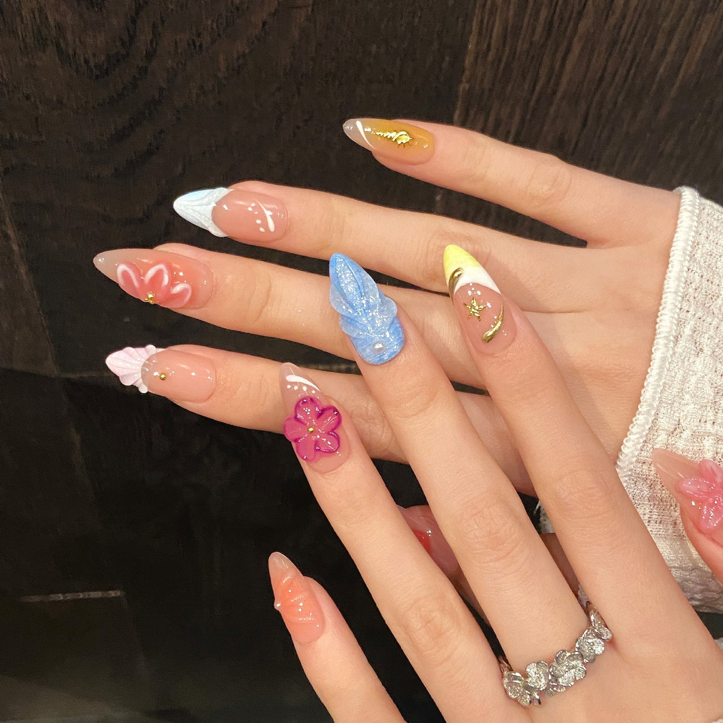 clear flower carving gradient French ice-through high-end handmade nails | 365nails