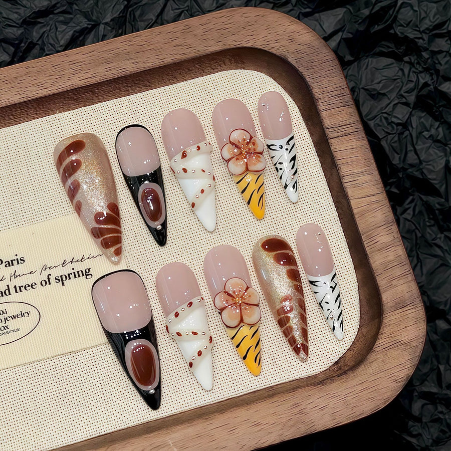 365nails: "Wild Bloom" – 3D Floral & Animal Print Handmade Long Stiletto Nails