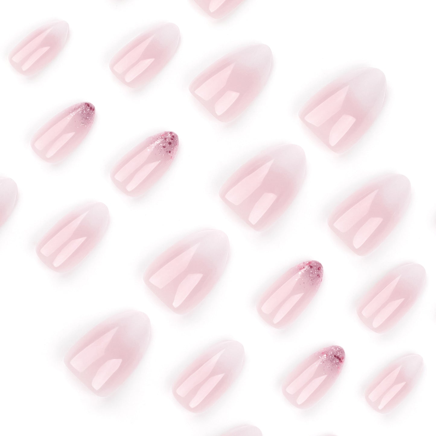 Unhas falsas com glitter, arte em unhas simples francesas, rosa e branco, mudança gradual, removível, curtas e com ponta curta｜365nails