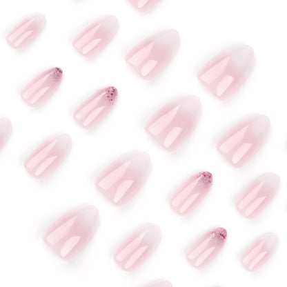 Unhas falsas com glitter, arte em unhas simples francesas, rosa e branco, mudança gradual, removível, curtas e com ponta curta｜365nails