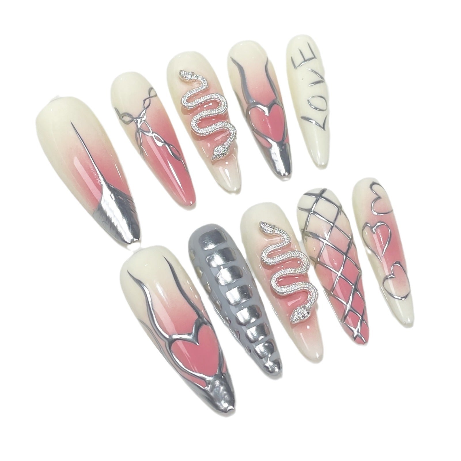 Airbrushed Gradient Nails with Heavy Metallic Heart Details