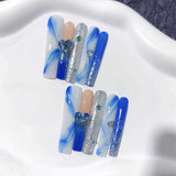 Blue Marble Heart Crystal Glam Press On Nails