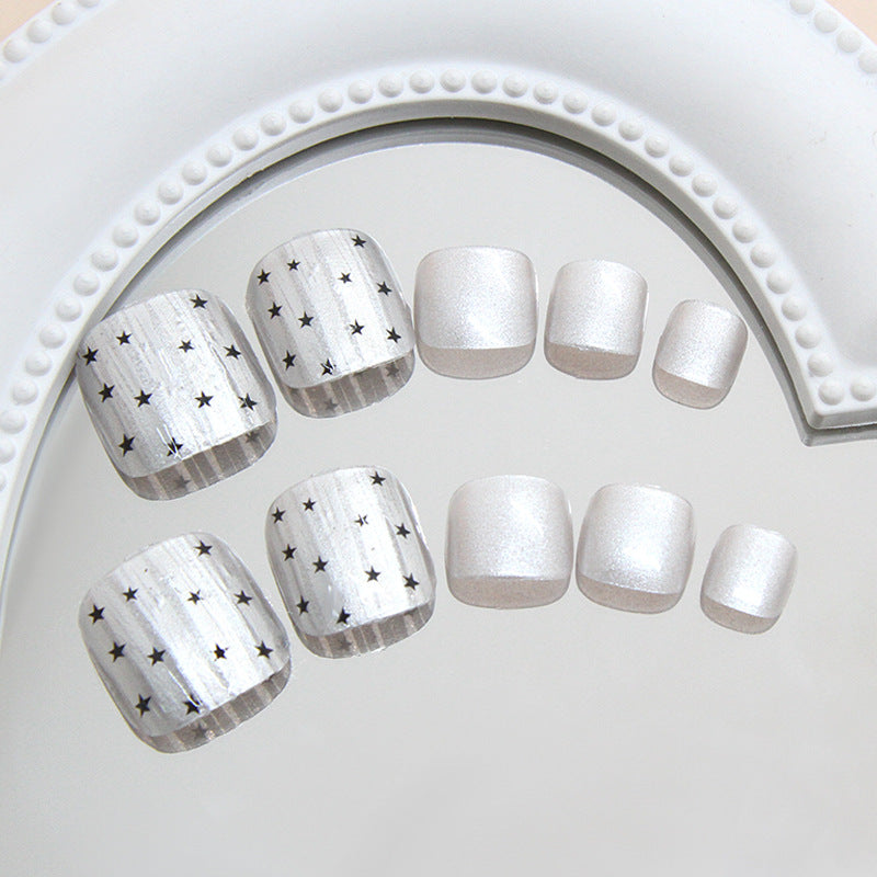 Listras tridimensionais cinza perolado romântico estrelas branco ins vento unhas dos pés removíveis 24 peças ｜ 365 unhas