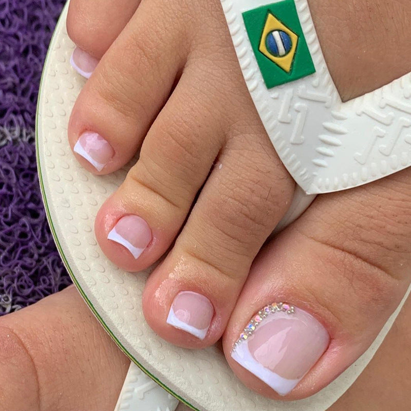Simple and pure white French broken diamond Press-on toenails model, press-on nails nail powder, transparent and fresh, essential toenail pieces in summer｜365nails