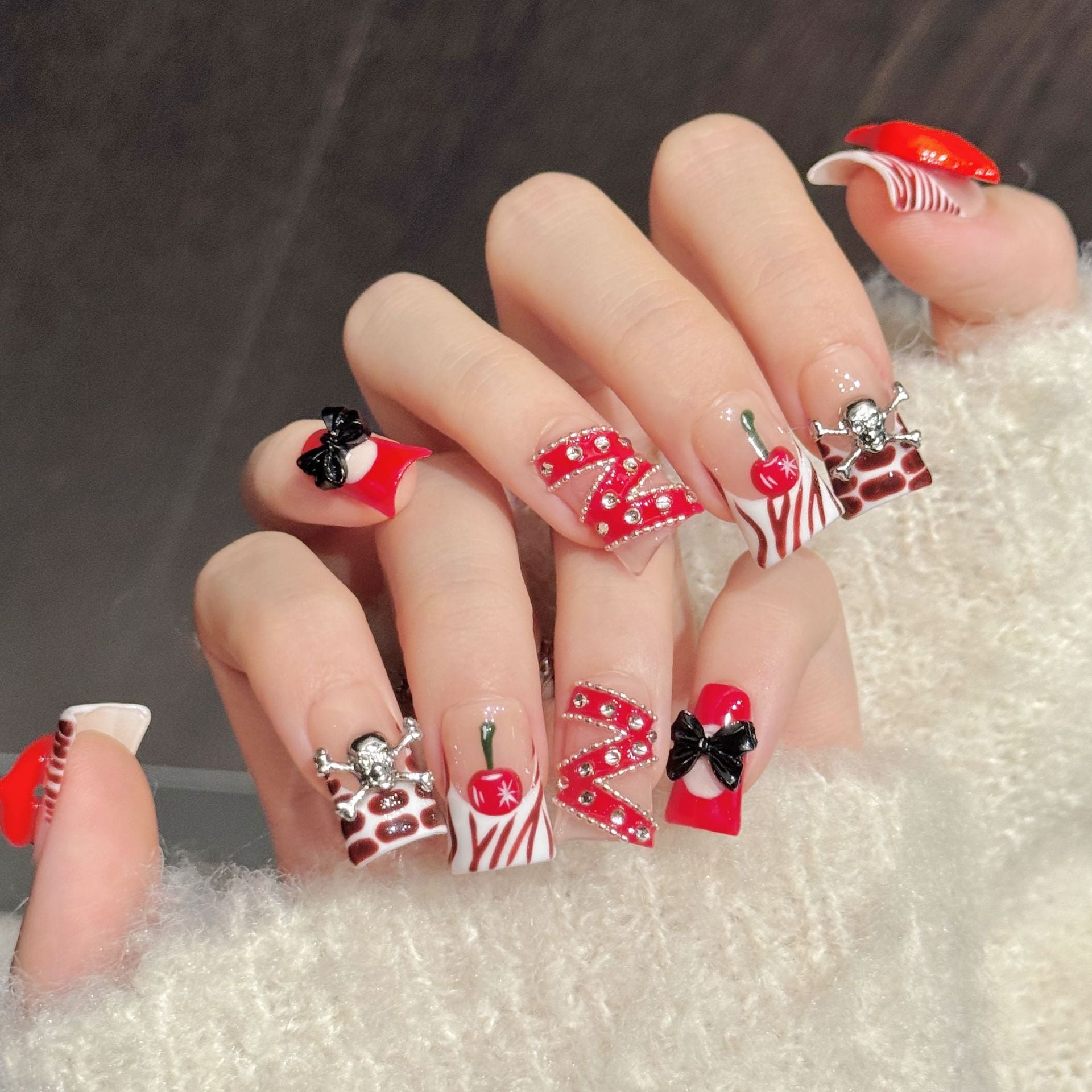 Red Lip Cherry Bow Duckbill Press On Nails