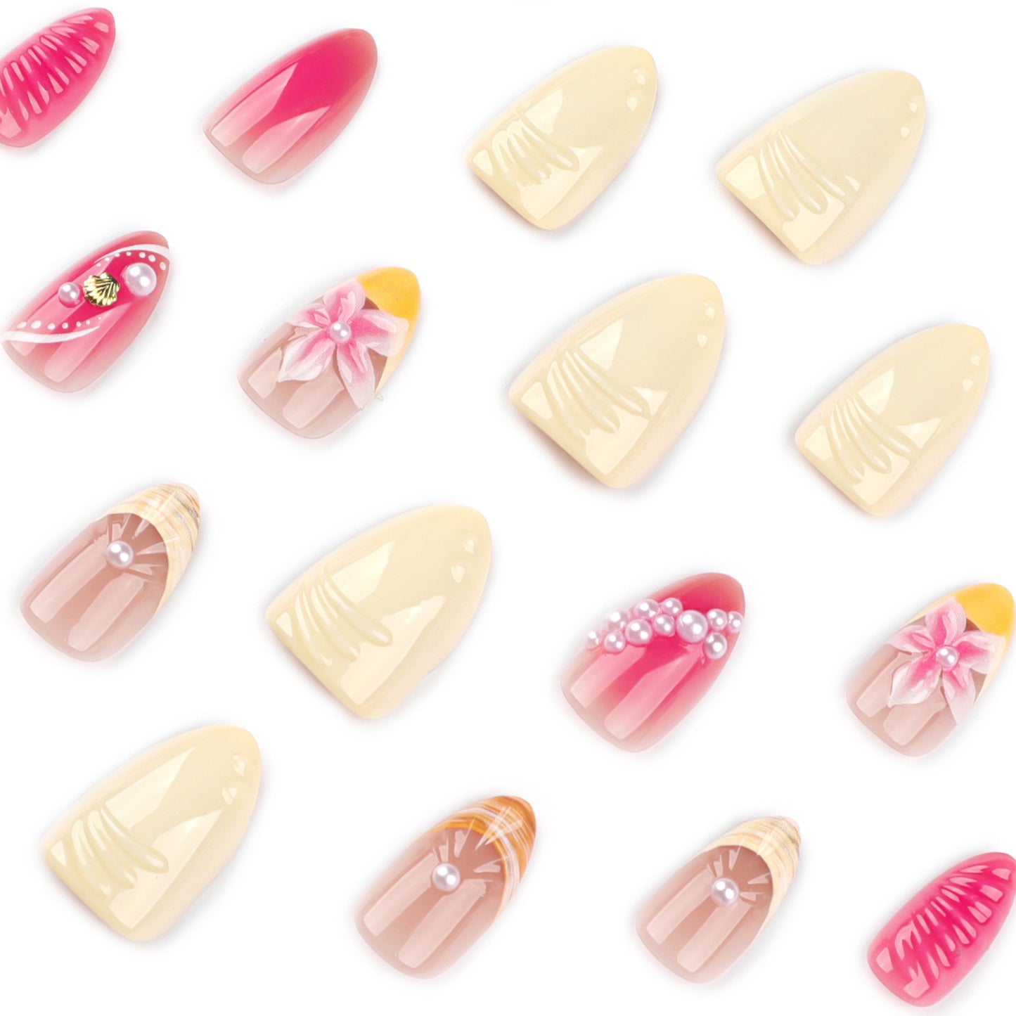 Almond 3D three-dimensional flower short pearl mix and match press-on nails