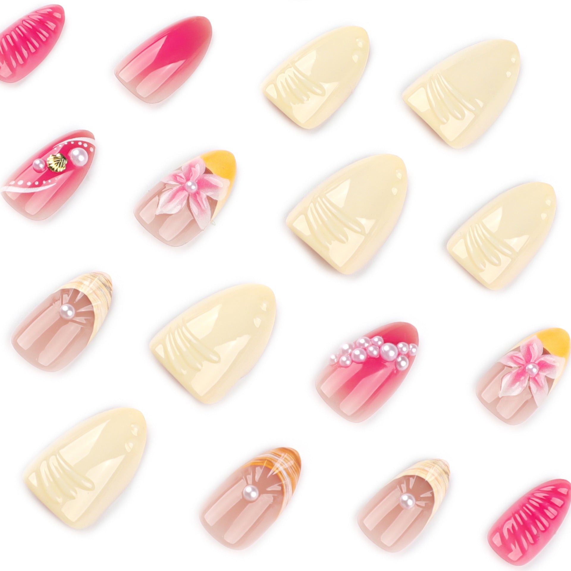 Almond 3D three-dimensional flower short pearl mix and match press-on nails
