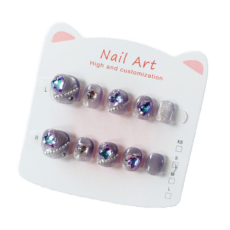 365nails: "aurora lavender starheart" – short squoval handmade kids press-on nails