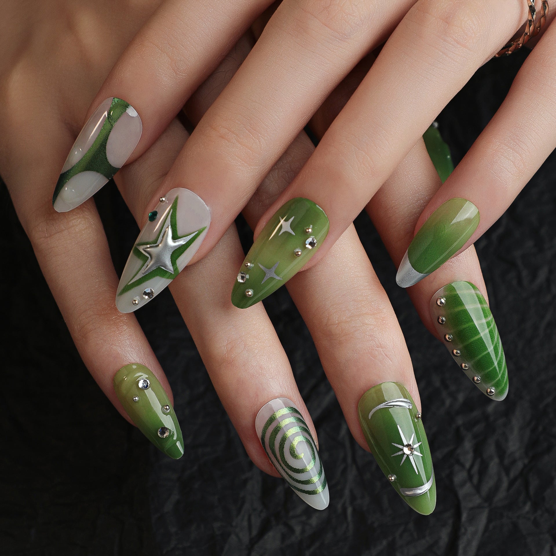 3D green smudged y2k short almonds press-on nails