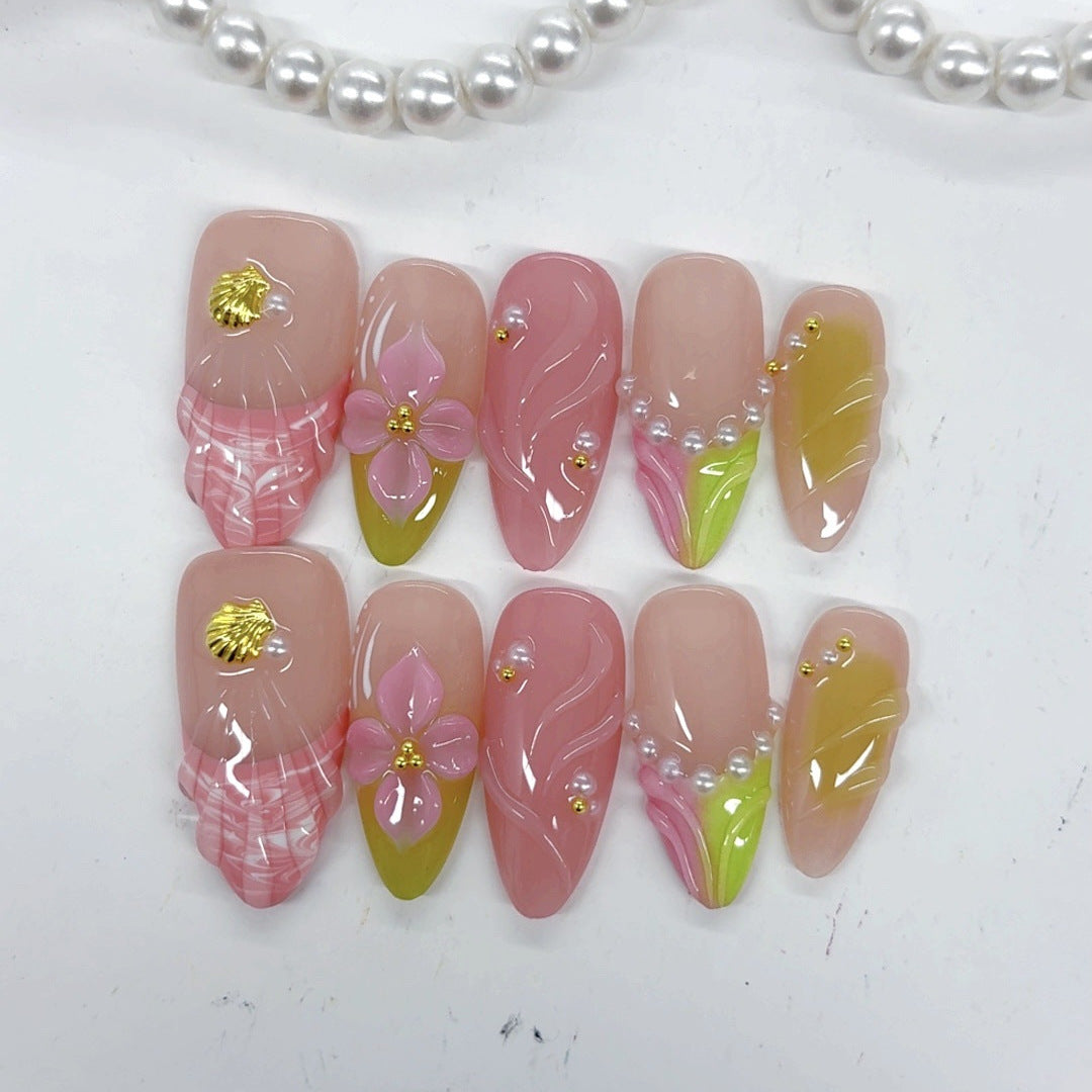 Mermaid Shell Floral: "Pink & Pearl" – Almond Press-On Nails