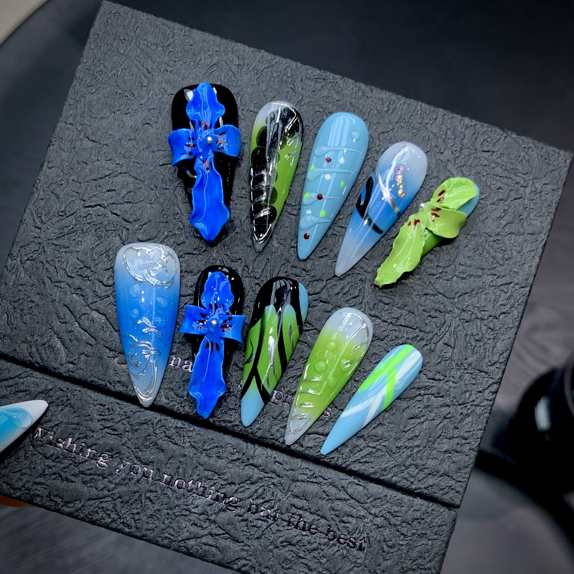 365nails: "Neon Abyss" – 3D Cross & Airbrush Handmade Stiletto Nails