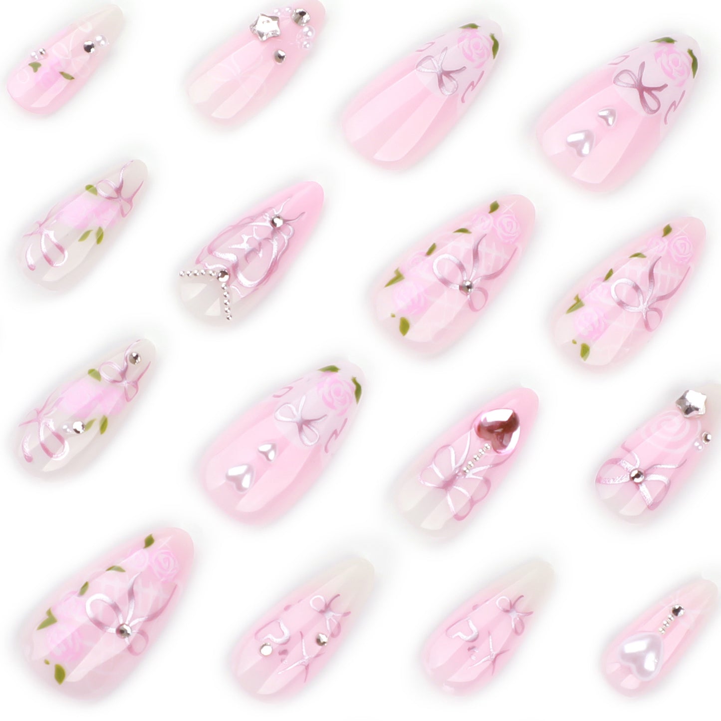 Unhas falsas com diamantes brilhantes e estrelas rosa, produto finalizado em amêndoa curta, atacado ｜365nails
