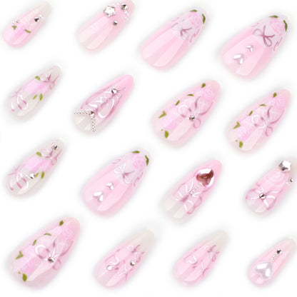 Unhas falsas com diamantes brilhantes e estrelas rosa, produto finalizado em amêndoa curta, atacado ｜365nails