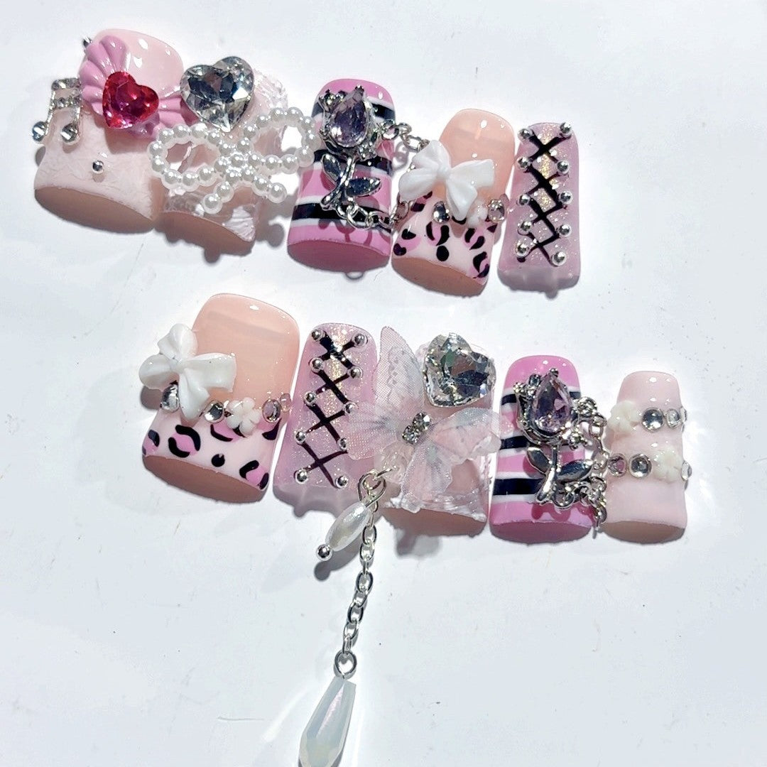 365nails-Sweet Punk: "Pink Leopard Lace-Up" – Tapered Square Press-On Nails