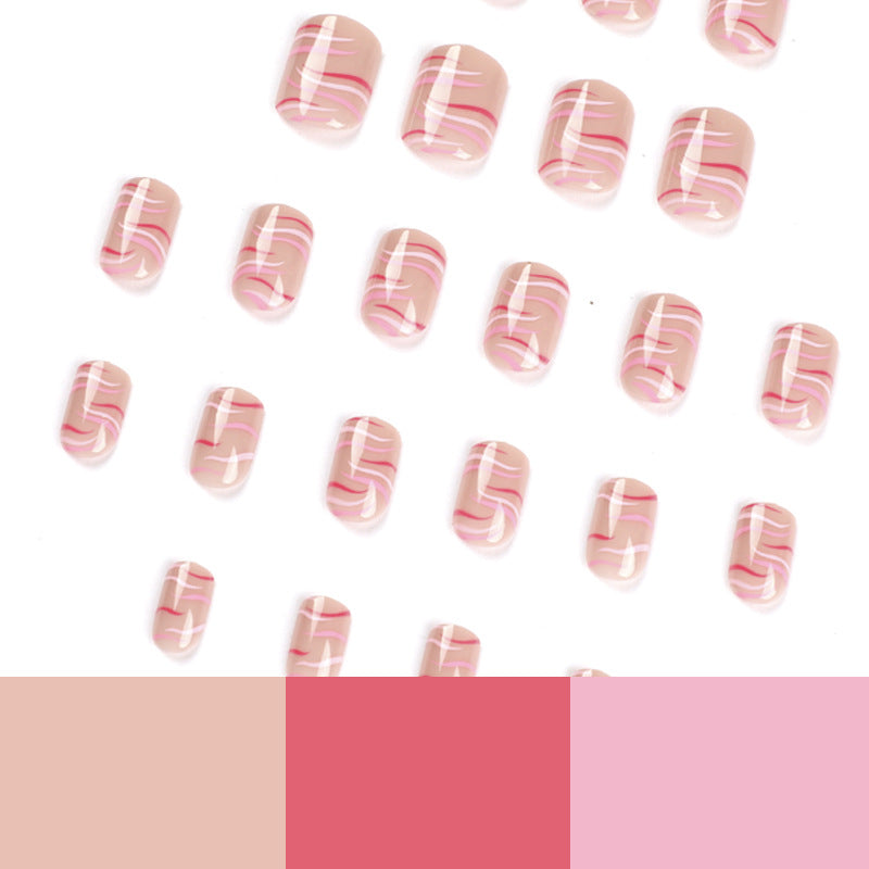 粉紅與紅色對比條紋波浪短款成品穿戴甲 批發｜365nails