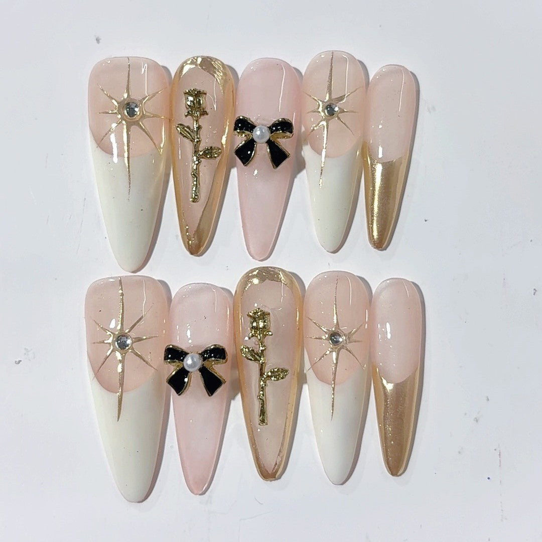 365nails-Golden Elegance: "Rose Bow Star" – Almond Shape Handmade Painted Press-On Nails