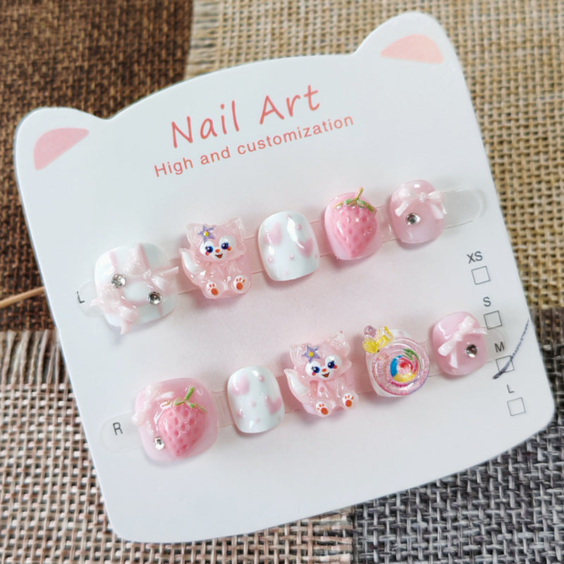365nails: "pink berry linabell" – short round handmade kids press-on nails