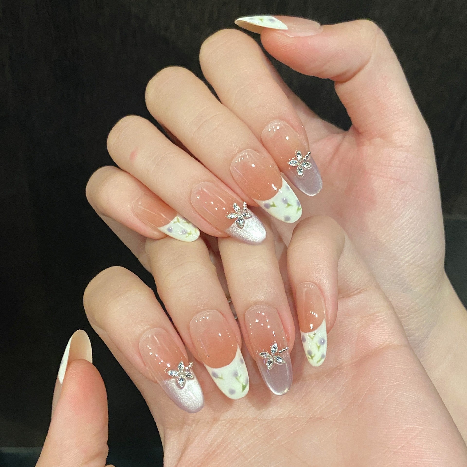 365nails: "Monet's Garden" – Hand-Painted Floral & French Tip Handmade Medium Almond Nails