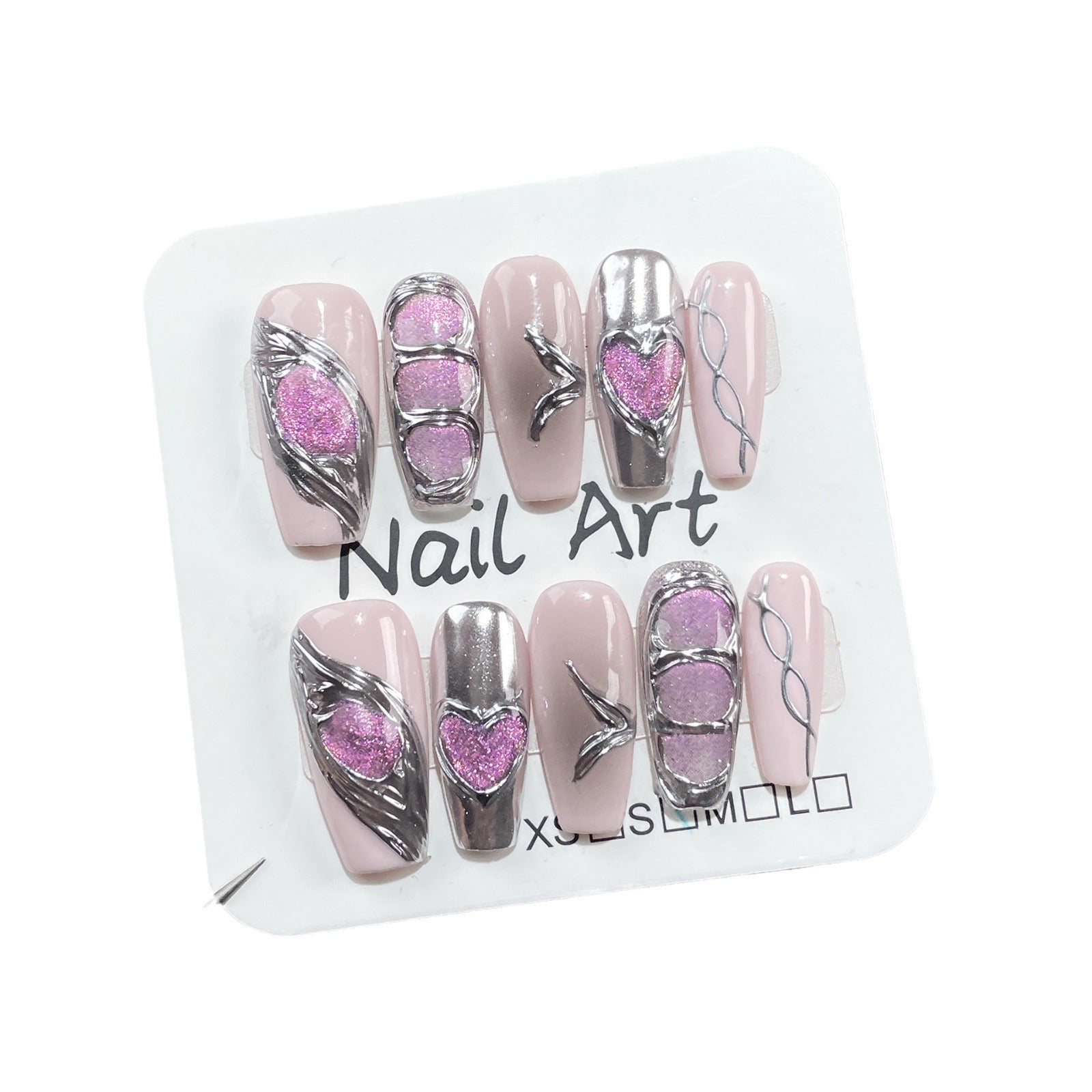Uñas postizas de metal Spice Girl, hechas a mano, con aerógrafo, rubor, estilo ojo de gato, uñas medianas y largas | 365nails