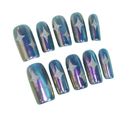 Adesivo de unha quadrado médio e longo, colorido, mudança de cor, Aurora, unhas postiças artesanais, adesivos de unha vestíveis｜365nails