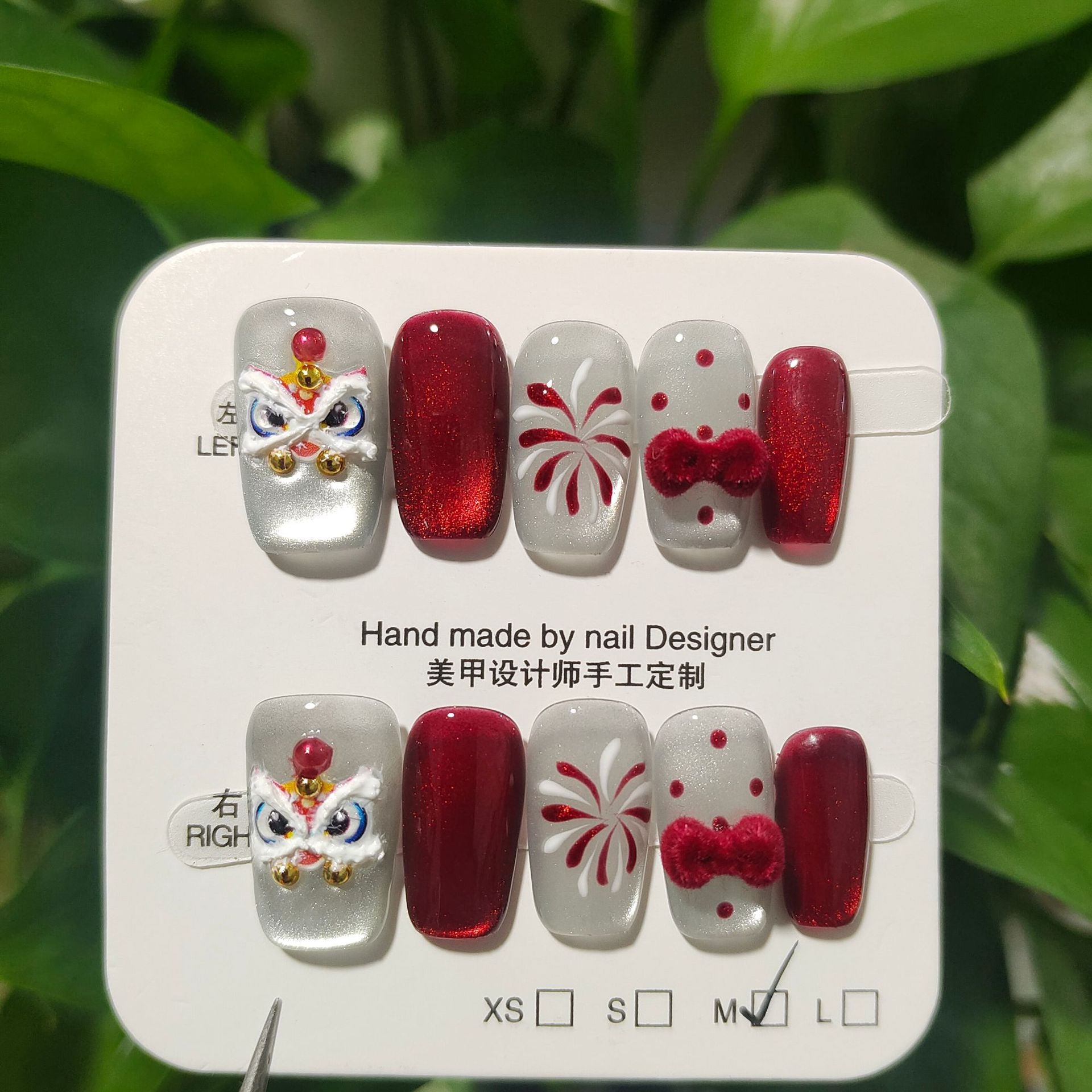 Auspicious Lion Dance: "Lion Dance Bow" – Square Shape Handmade Press-On Nails