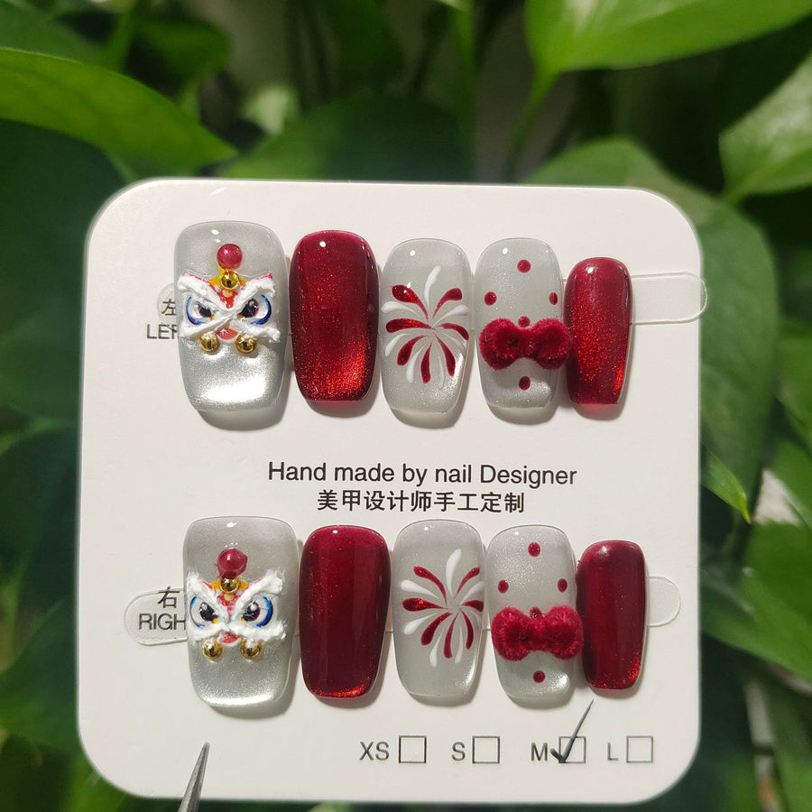 Auspicious Lion Dance: "Lion Dance Bow" – Square Shape Handmade Press-On Nails