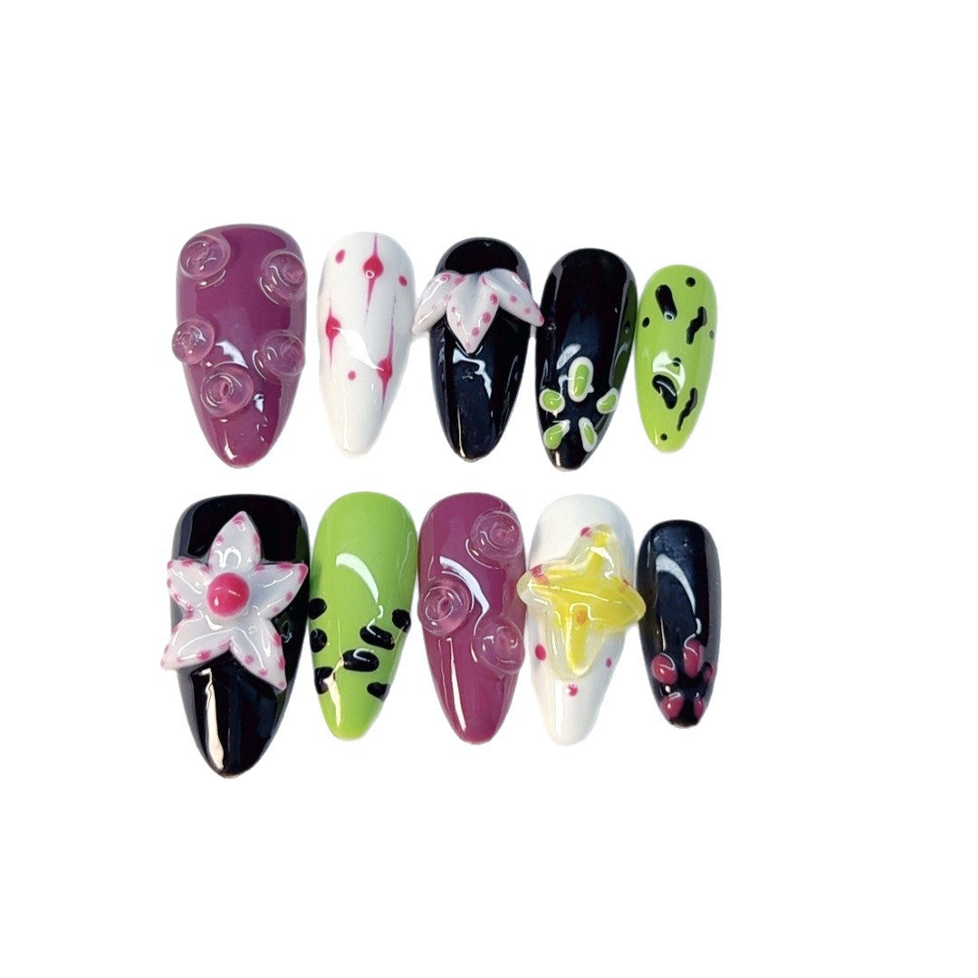 365nails: "Fantasia Monstro Maluco" – Unhas Postiças Artesanais de Monstro Cartoon, Formato Amêndoa Média
