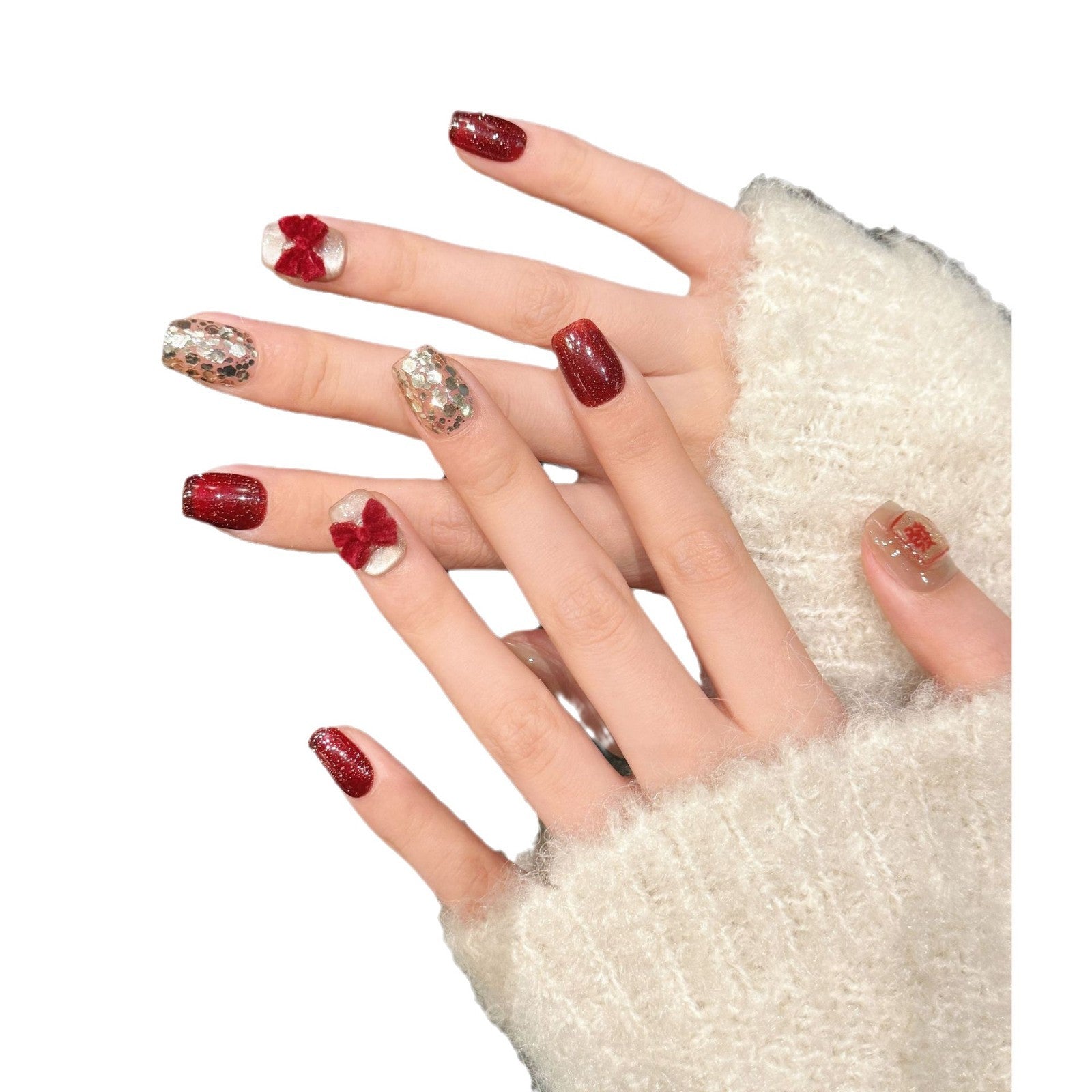 365nails: "Lucky Charm" – 3D Velvet Bow & Gold Foil Handmade Short Square Nails