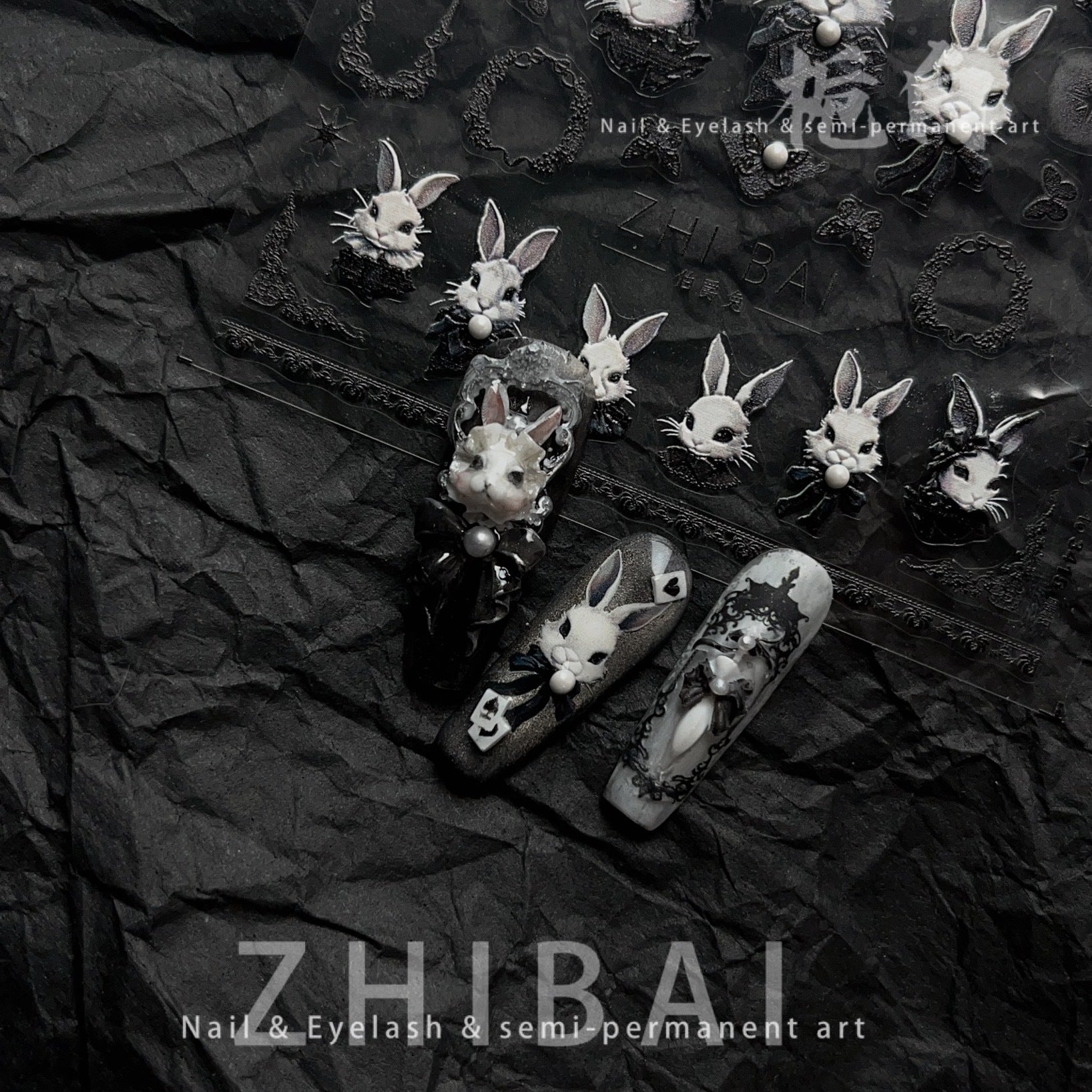 Gothic Bunny Collection: "Dark Lolita Rabbit" – 3D Embossed Nail Sticker