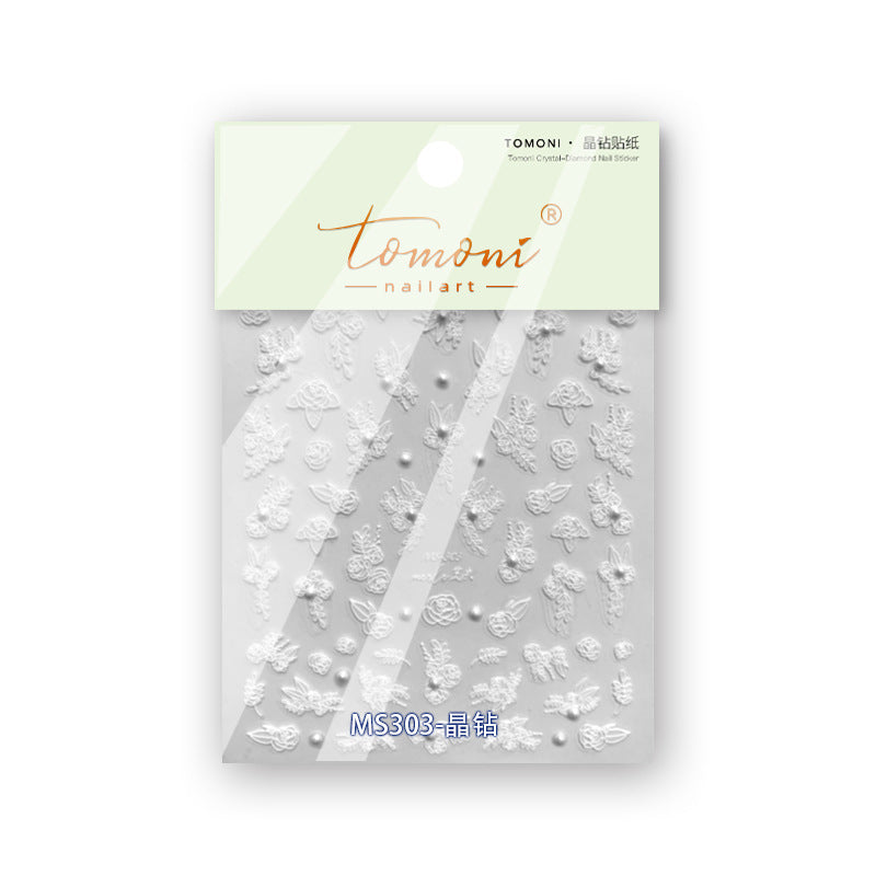 White Embossed Floral & Pearl: "Bridal Elegance" – 5D Embossed Nail Sticker